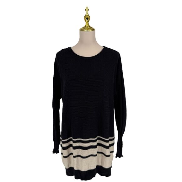 Daisy Fuentes Tunic Sweater XL Black White Stripe Knit Long Sleeve Crew Neck EUC - Picture 2 of 14